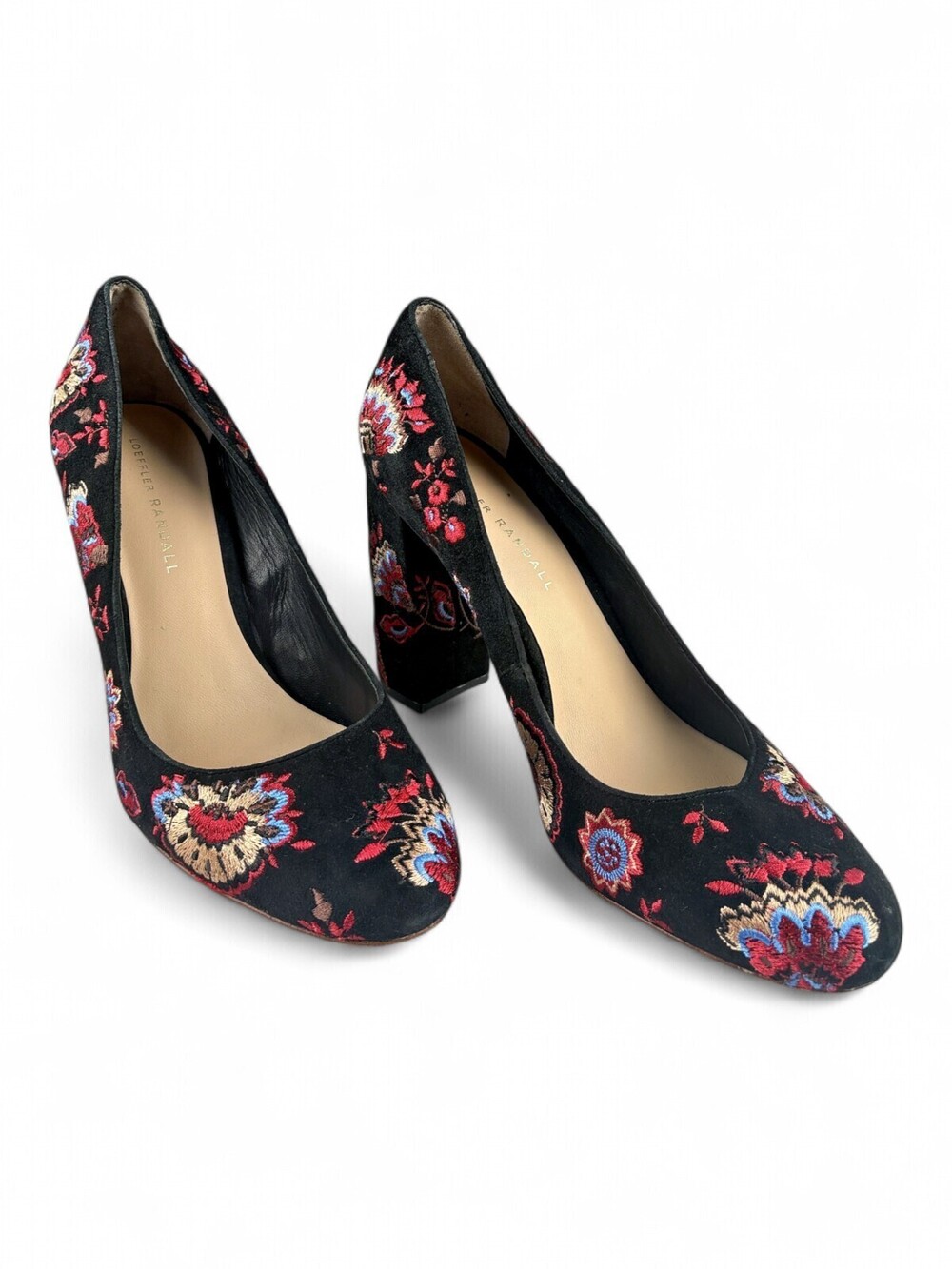 Loeffler Randall Black Embroidered Suede Block Heel Pumps Sz 9